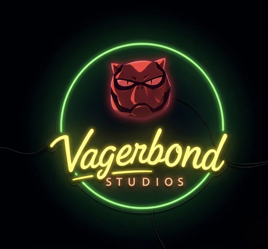Das Emblem von Vagerbond Studios: ein Neonschild mit grünem Ring, gelbem Schriftzug und einem roten Katzenkopf